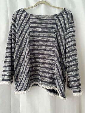 Chico's Navy and White Striped Marled Fringe Crewneck Top